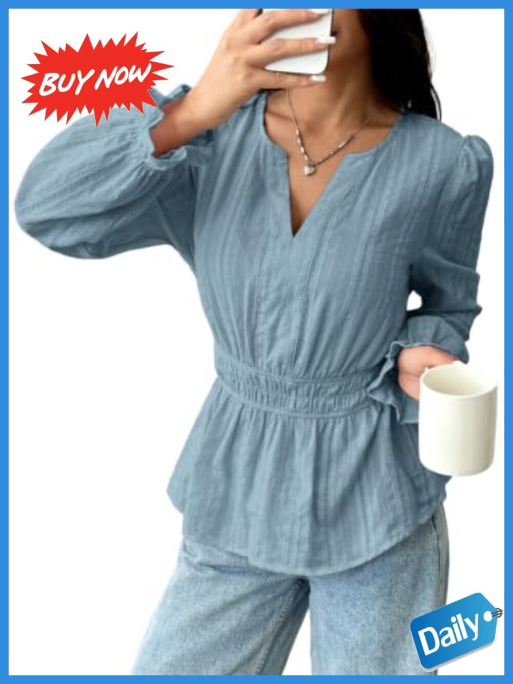 Women's Long Sleeve V-Neck Cotton Peplum Blouse Fit and Flare Top
